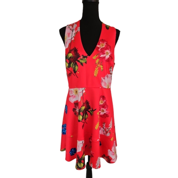 TED BAKER London Red Sleeveless Floral V- Neck Fit & Flare Dress Size 4 - Picture 1 of 10